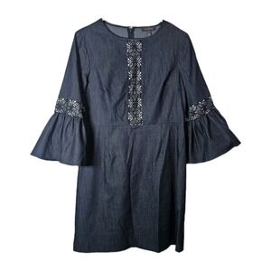 The Limited Womens 8 Blue Chambray Dress Flutter Sleeve Lace Accents Zip Back